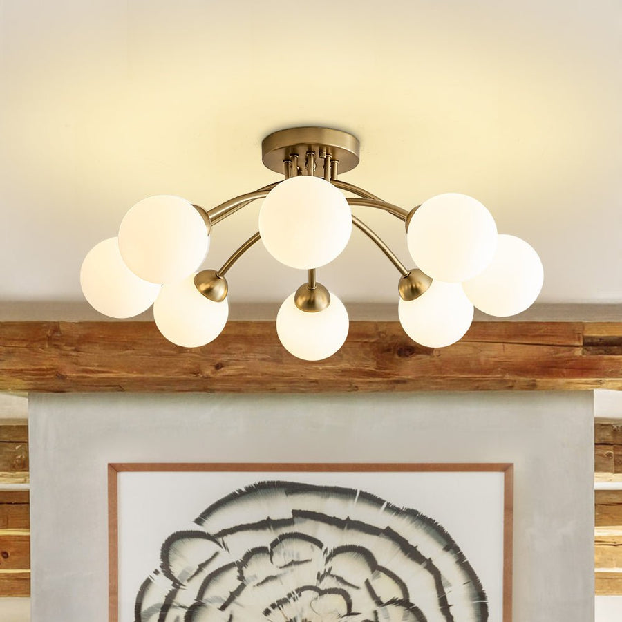 Farmhouze Light - Brass 8 - Light Bubble Round Sputnik Semi Flush Mount Light - Ceiling Light - Frosted White - 