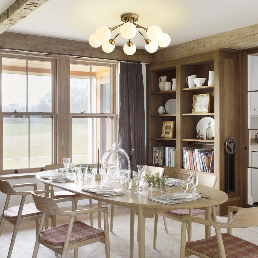 Farmhouze Light - Brass 8 - Light Bubble Round Sputnik Semi Flush Mount Light - Ceiling Light - Frosted White - 