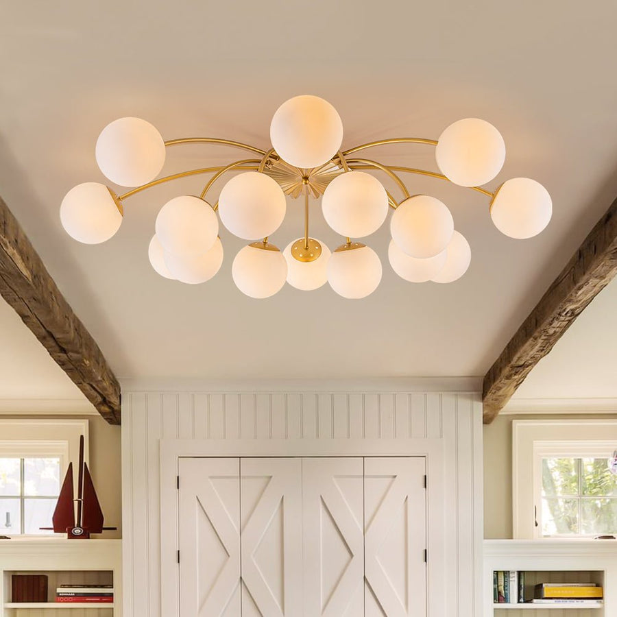 Farmhouze Light - Classic 16 - Light Sputnik Frosted Glass Globe Semi Flush - Ceiling Light - Brass - 
