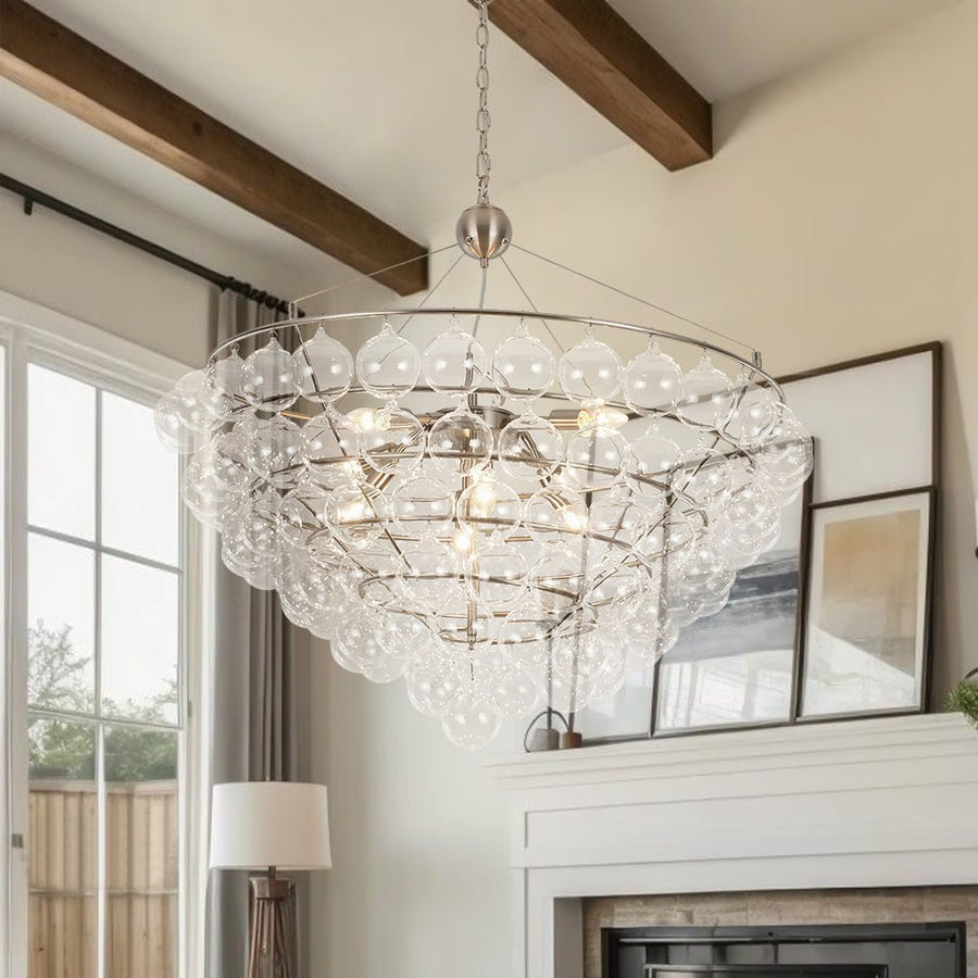 Farmhouze Light - Designer Glam Cluster Glass Globe Bubble Tiered Chandelier - Chandelier - Nickel - 