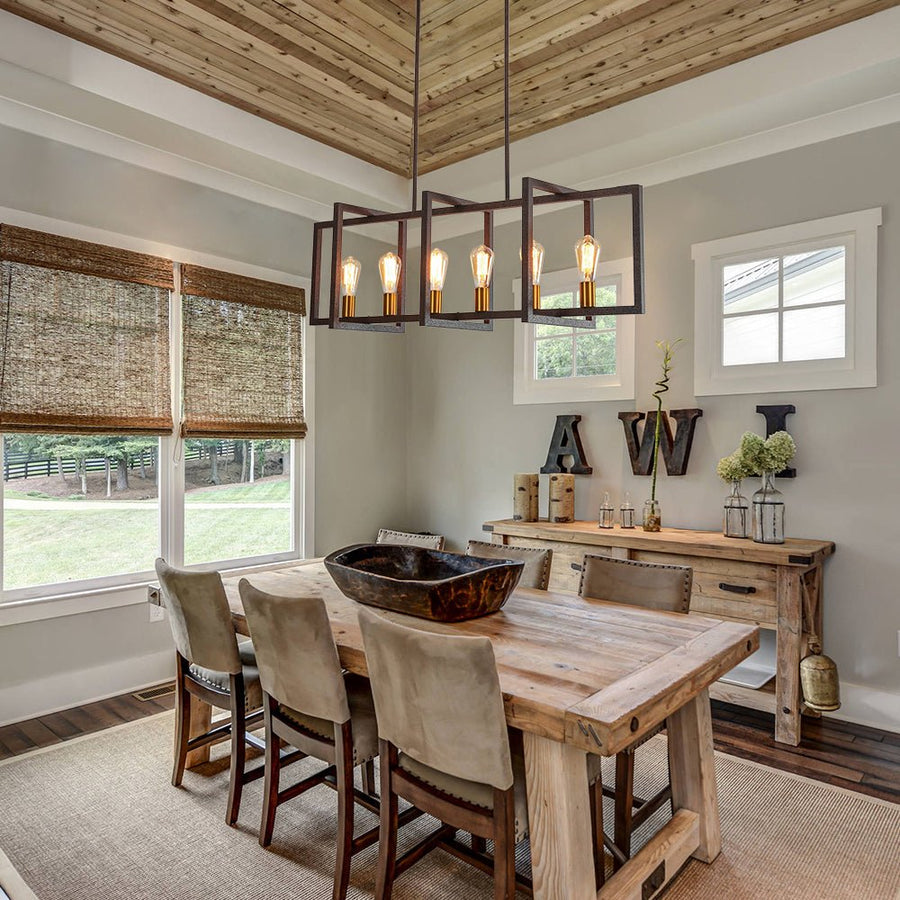 Farmhouse Industrial Wood Beam Pendant Light - 6-Light Rustic Chandelier For Kitchen Island & Dining