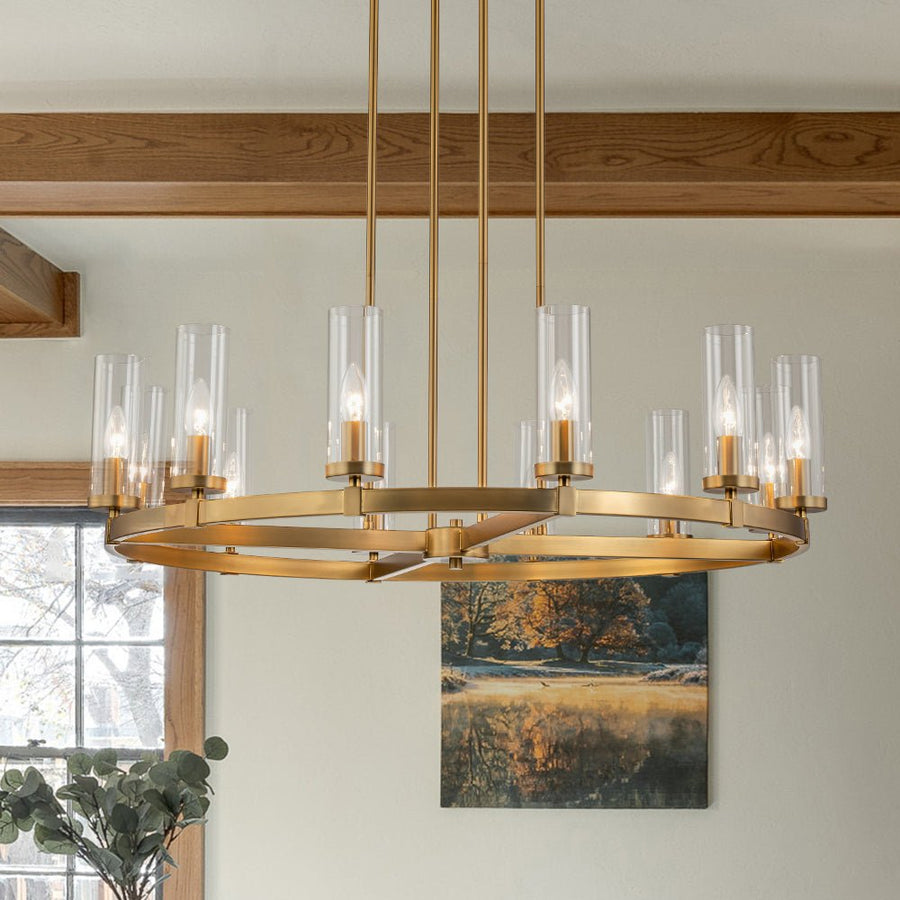 Farmhouze Light-Farmhouse Cylinder Shade Large 12-Light Ring Chandelier-Chandelier-Brass-