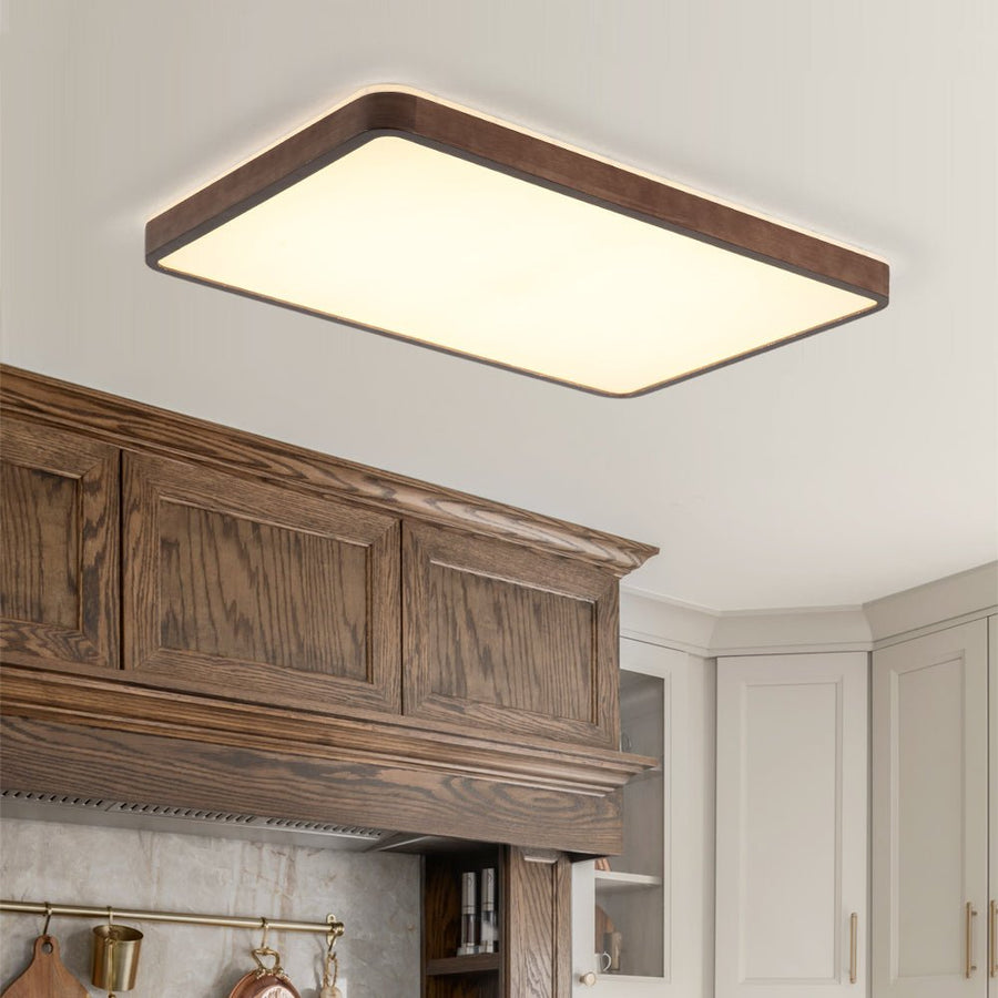 Rustic Walnut Wood Dimmable LED Rectangle Flush Mount Farmhouze Light