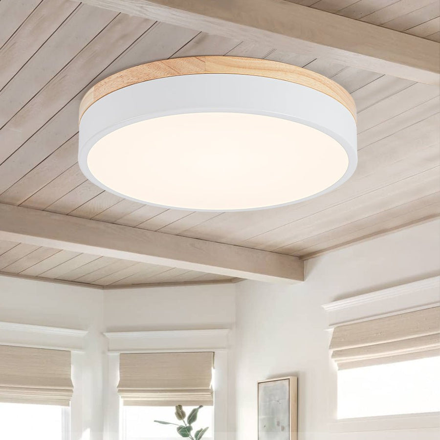 Farmhouze Light - Farmhouse Dimmable Wooden Round Flush Mount Ceiling Light - Ceiling Light - White - 11 in (Back Order) - 