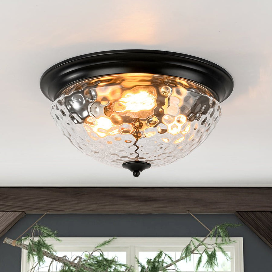 Farmhouze Light - Farmhouse Hammered Glass Round Flush Mount Ceiling Light - Ceiling Light - Black - 