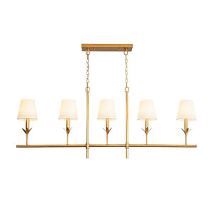 Farmhouze Light - Farmhouse Linear Candle Style White Fabric Brass Island Chandelier - Chandelier - 5 Bulbs - 