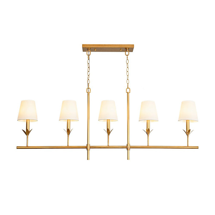 Farmhouze Light - Farmhouse Linear Candle Style White Fabric Brass Island Chandelier - Chandelier - 5 Bulbs - 
