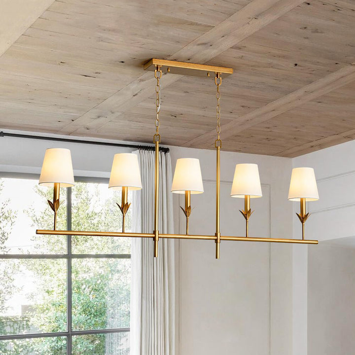 Farmhouze Light - Farmhouse Linear Candle Style White Fabric Brass Island Chandelier - Chandelier - 5 Bulbs - 