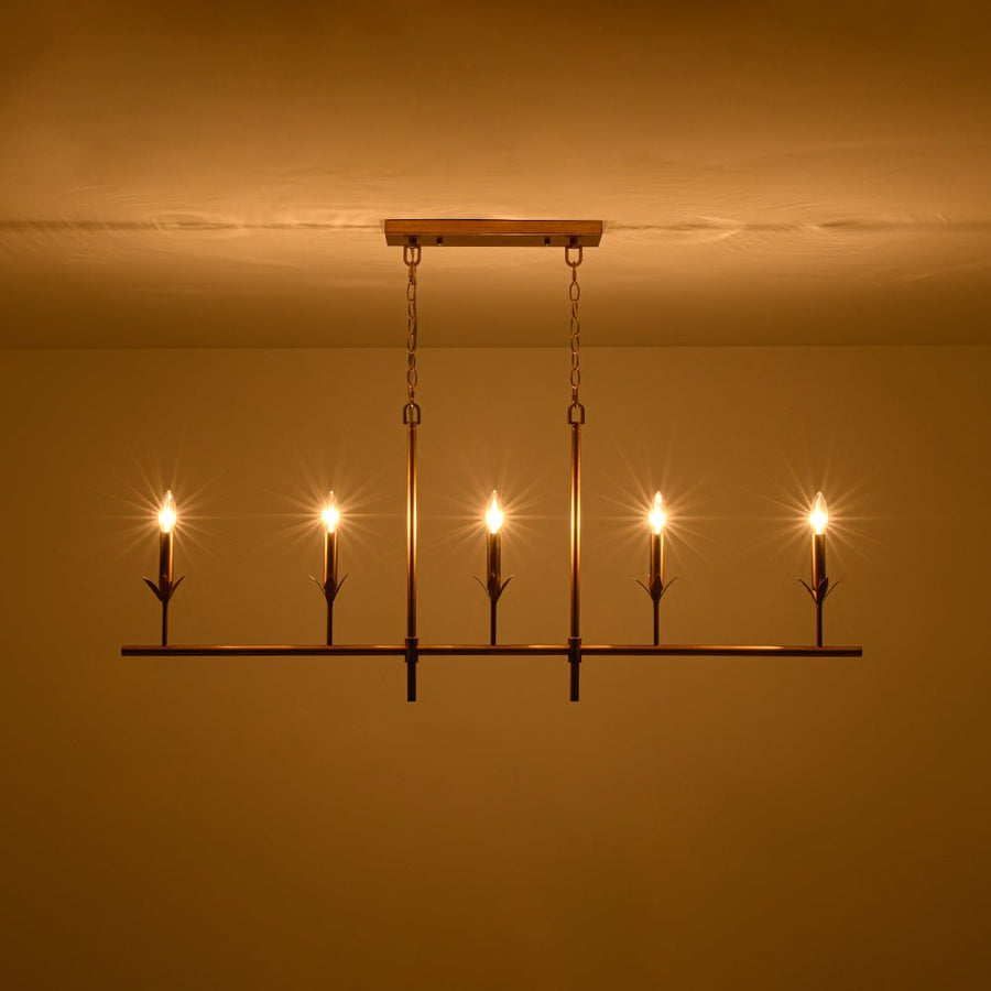 Farmhouze Light - Farmhouse Linear Candle Style White Fabric Brass Island Chandelier - Chandelier - 5 Bulbs - 