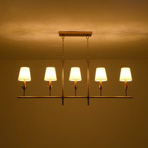 Farmhouze Light - Farmhouse Linear Candle Style White Fabric Brass Island Chandelier - Chandelier - 5 Bulbs - 