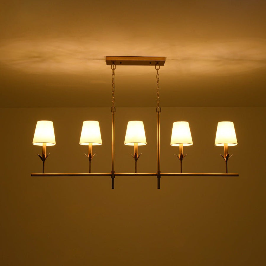 Farmhouze Light - Farmhouse Linear Candle Style White Fabric Brass Island Chandelier - Chandelier - 5 Bulbs - 