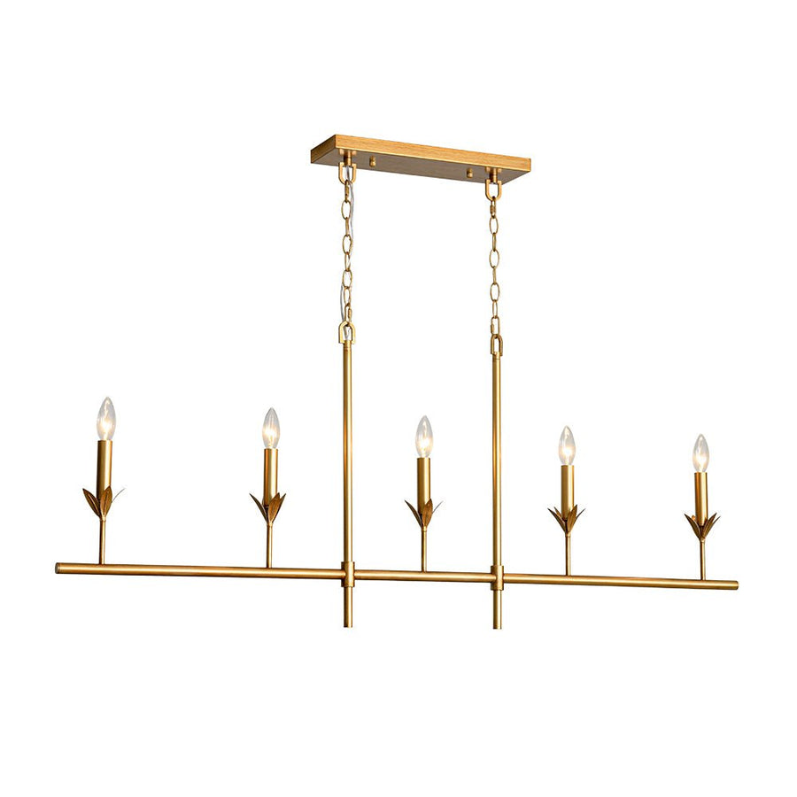Farmhouze Light - Farmhouse Linear Candle Style White Fabric Brass Island Chandelier - Chandelier - 5 Bulbs - 