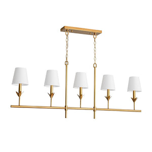 Farmhouze Light - Farmhouse Linear Candle Style White Fabric Brass Island Chandelier - Chandelier - 5 Bulbs - 