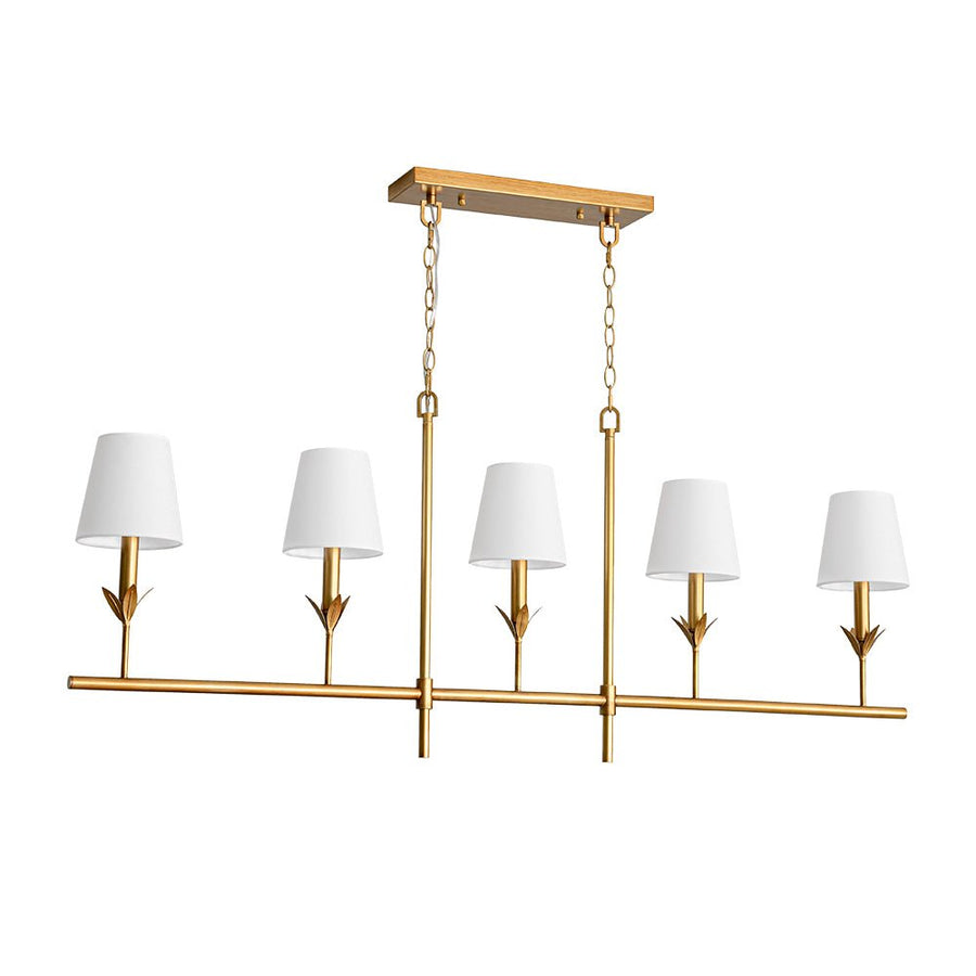 Farmhouze Light - Farmhouse Linear Candle Style White Fabric Brass Island Chandelier - Chandelier - 5 Bulbs - 