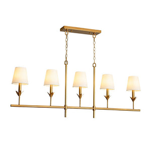 Farmhouze Light - Farmhouse Linear Candle Style White Fabric Brass Island Chandelier - Chandelier - 5 Bulbs - 