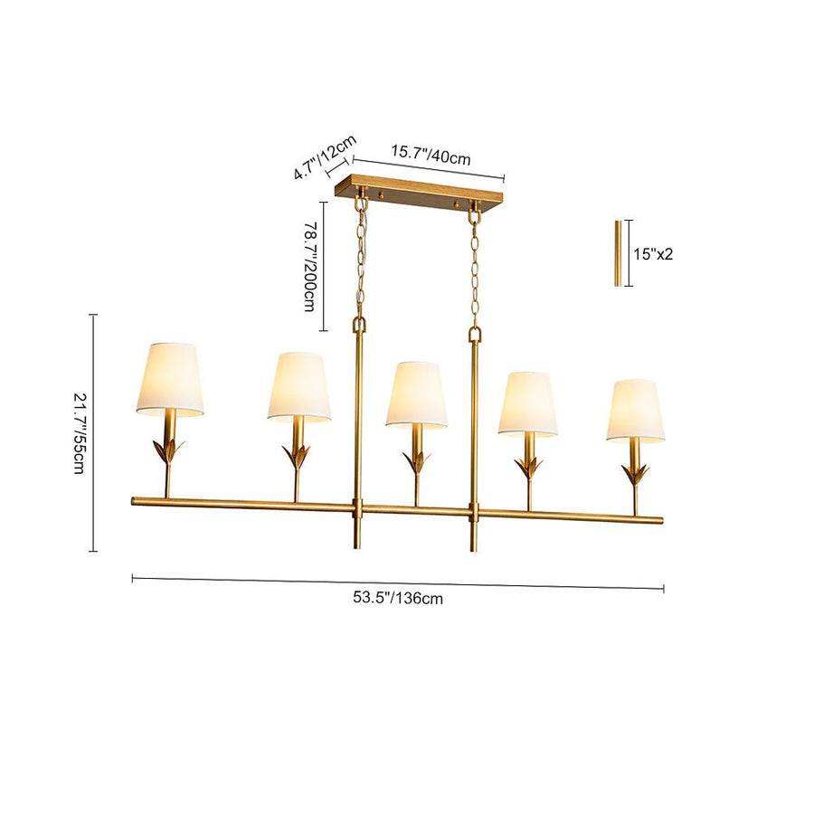 Farmhouze Light - Farmhouse Linear Candle Style White Fabric Brass Island Chandelier - Chandelier - 5 Bulbs - 