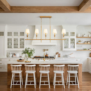 Farmhouze Light - Farmhouse Linear Candle Style White Fabric Brass Island Chandelier - Chandelier - 5 Bulbs - 