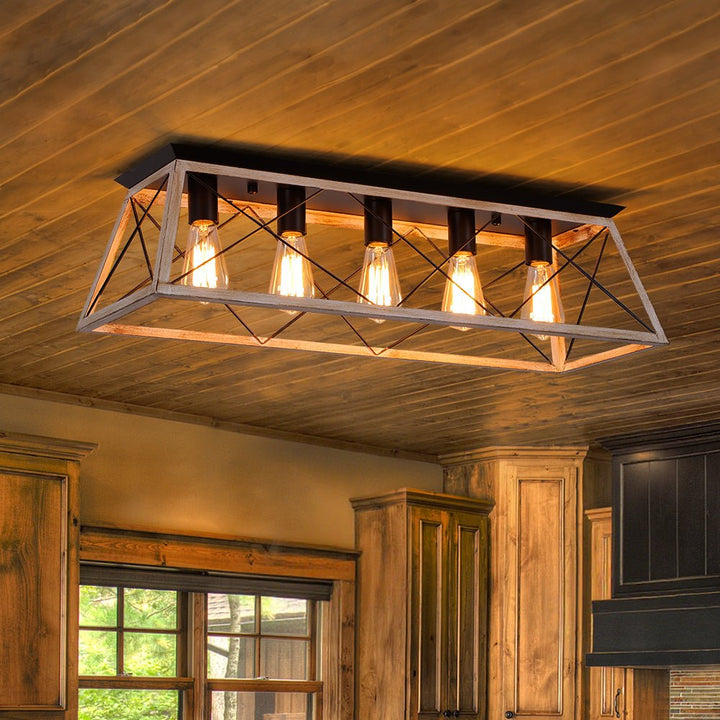 Farmhouze Light - Farmhouse Rectangle Cage Island Flush Mount Ceiling Light - Ceiling Light - Distressed White - 
