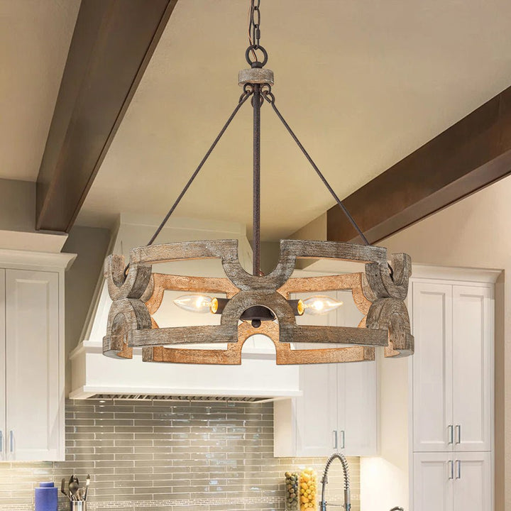 Farmhouze Light - Farmhouse Rustic Wood Drum Cage Pendant Light - Chandelier - 3 bulbs - 