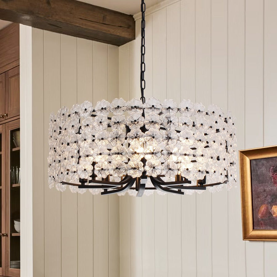 Farmhouze Light - French Country Luxe Glass Flower Round Drum Cage Chandelier - Chandelier - Black - 