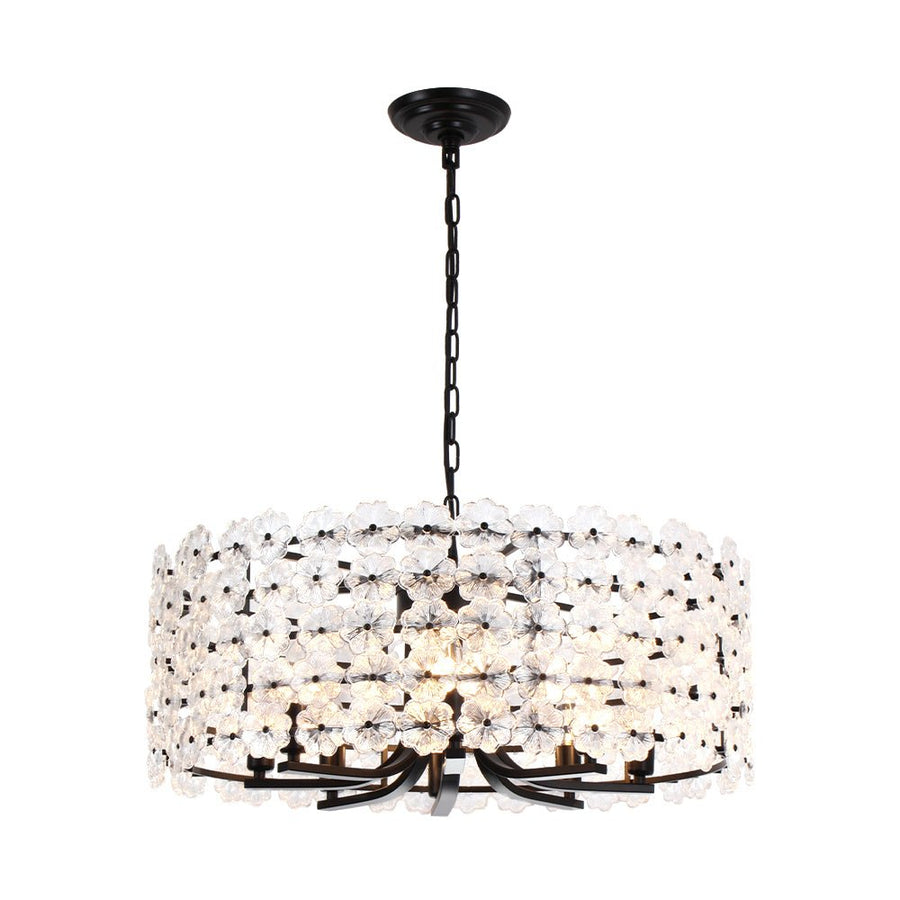 Farmhouze Light - French Country Luxe Glass Flower Round Drum Cage Chandelier - Chandelier - Black - 