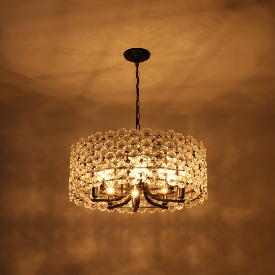 Farmhouze Light - French Country Luxe Glass Flower Round Drum Cage Chandelier - Chandelier - Black - 