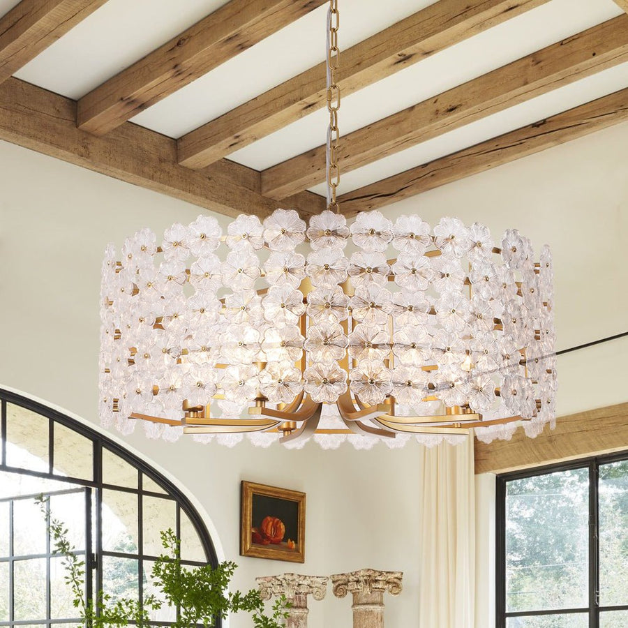 Farmhouze Light - French Country Luxe Glass Flower Round Drum Cage Chandelier - Chandelier - Gold - 