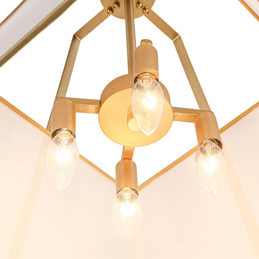Farmhouze Light - French Country Tapered Square Fabric Lantern Pendant Light - Chandelier - White Fabric +Brass Finish - 