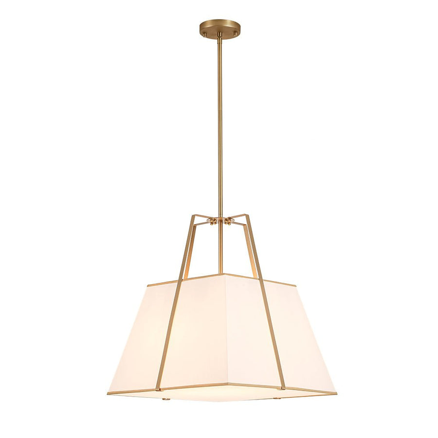Farmhouze Light - French Country Tapered Square Fabric Lantern Pendant Light - Chandelier - White Fabric +Brass Finish - 