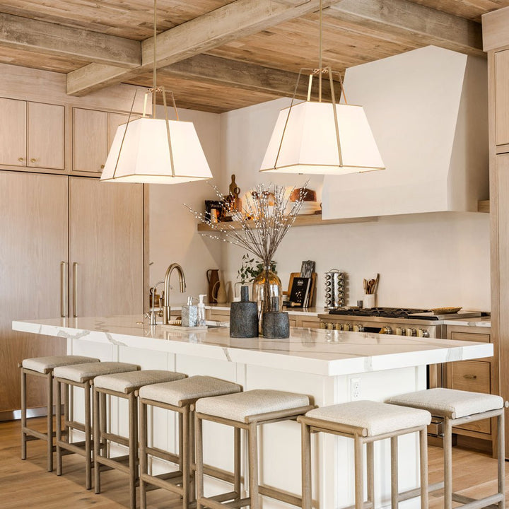 Farmhouze Light - French Country Tapered Square Fabric Lantern Pendant Light - Chandelier - White Fabric +Brass Finish - 