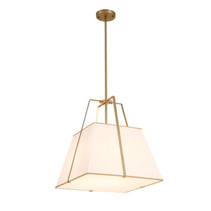 Farmhouze Light - French Country Tapered Square Fabric Lantern Pendant Light - Chandelier - White Fabric +Brass Finish - 