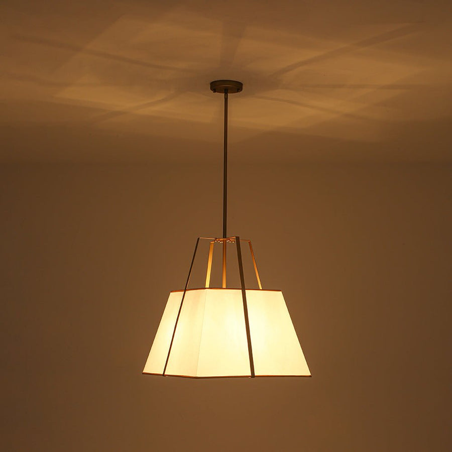 Farmhouze Light - French Country Tapered Square Fabric Lantern Pendant Light - Chandelier - White Fabric +Brass Finish - 