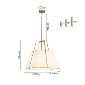 Farmhouze Light - French Country Tapered Square Fabric Lantern Pendant Light - Chandelier - White Fabric +Brass Finish - 