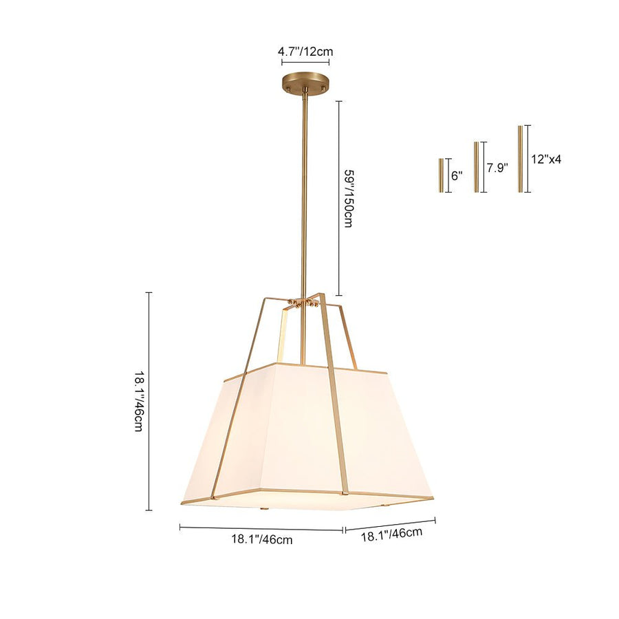 Farmhouze Light - French Country Tapered Square Fabric Lantern Pendant Light - Chandelier - White Fabric +Brass Finish - 