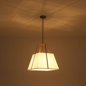Farmhouze Light - French Country Tapered Square Fabric Lantern Pendant Light - Chandelier - White Fabric +Brass Finish - 