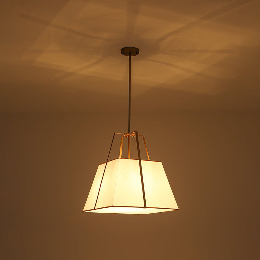 Farmhouze Light - French Country Tapered Square Fabric Lantern Pendant Light - Chandelier - White Fabric +Brass Finish - 