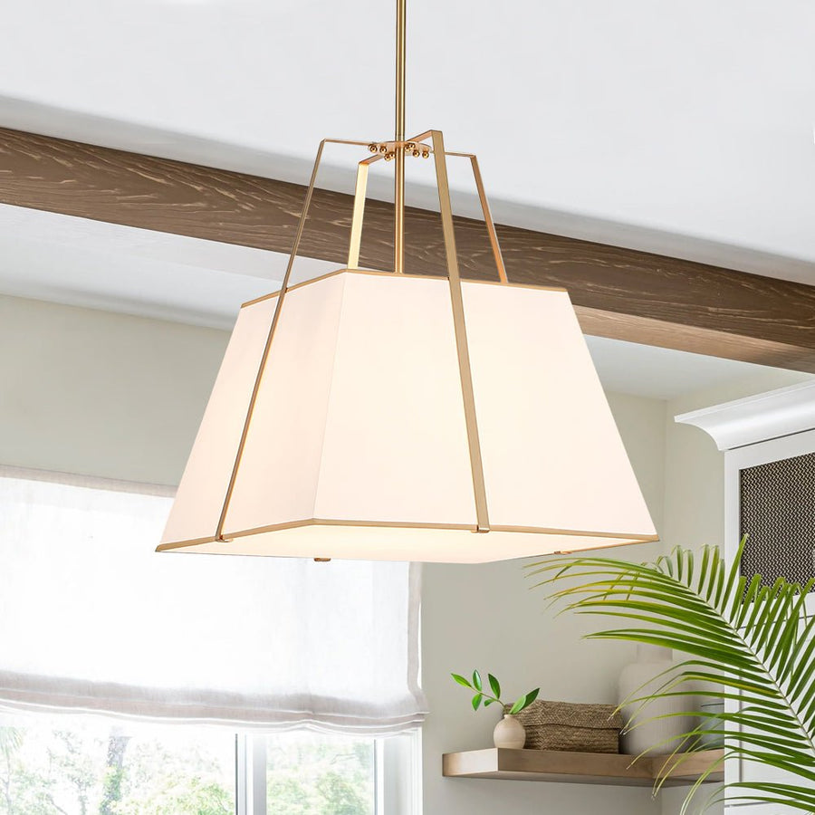 Farmhouze Light - French Country Tapered Square Fabric Lantern Pendant Light - Chandelier - White Fabric +Brass Finish - 