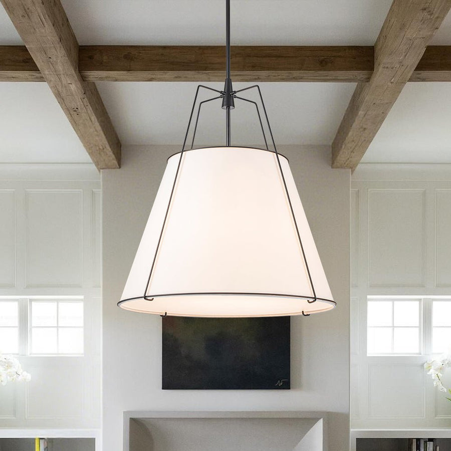 Farmhouze Light - French Farmhouse Tapered Drum Fabric Lantern Pendant Light - Chandelier - White+Black - 23in - 