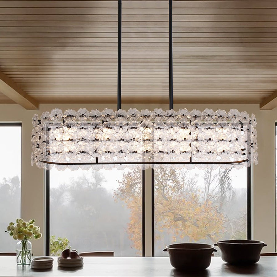 Farmhouze Light - French Luxe Glass Flower Wide Cage Kitchen Island Pendant - Chandelier - Black - 