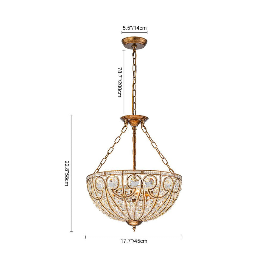 Farmhouze Light - French Vintage Bronze Crystal Large Bowl Cage Chandelier - Ceiling Light - 17.7 in - 