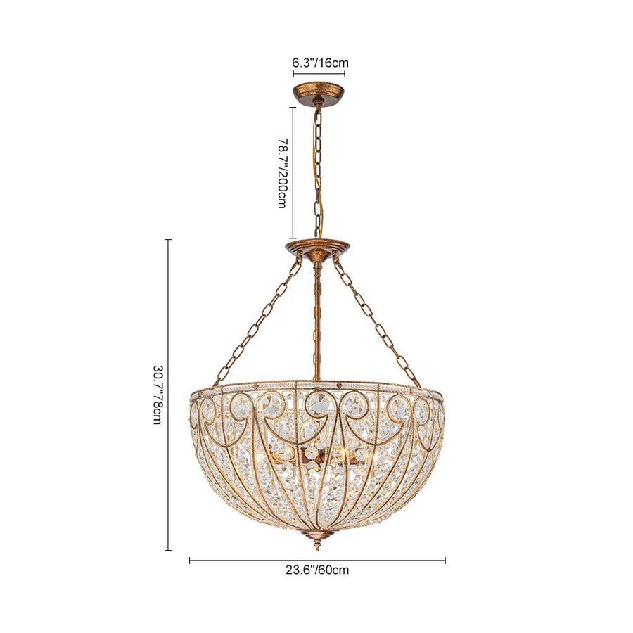Farmhouze Light - French Vintage Bronze Crystal Large Bowl Cage Chandelier - Ceiling Light - 17.7 in - 