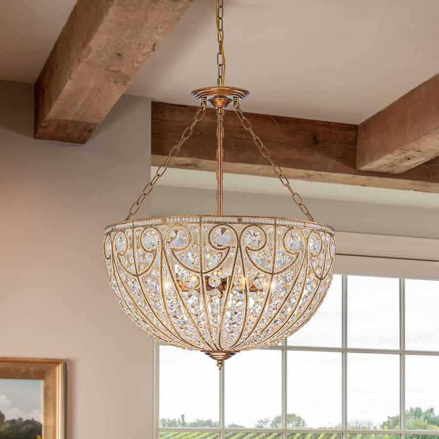 Farmhouze Light - French Vintage Bronze Crystal Large Bowl Cage Chandelier - Ceiling Light - 17.7 in - 