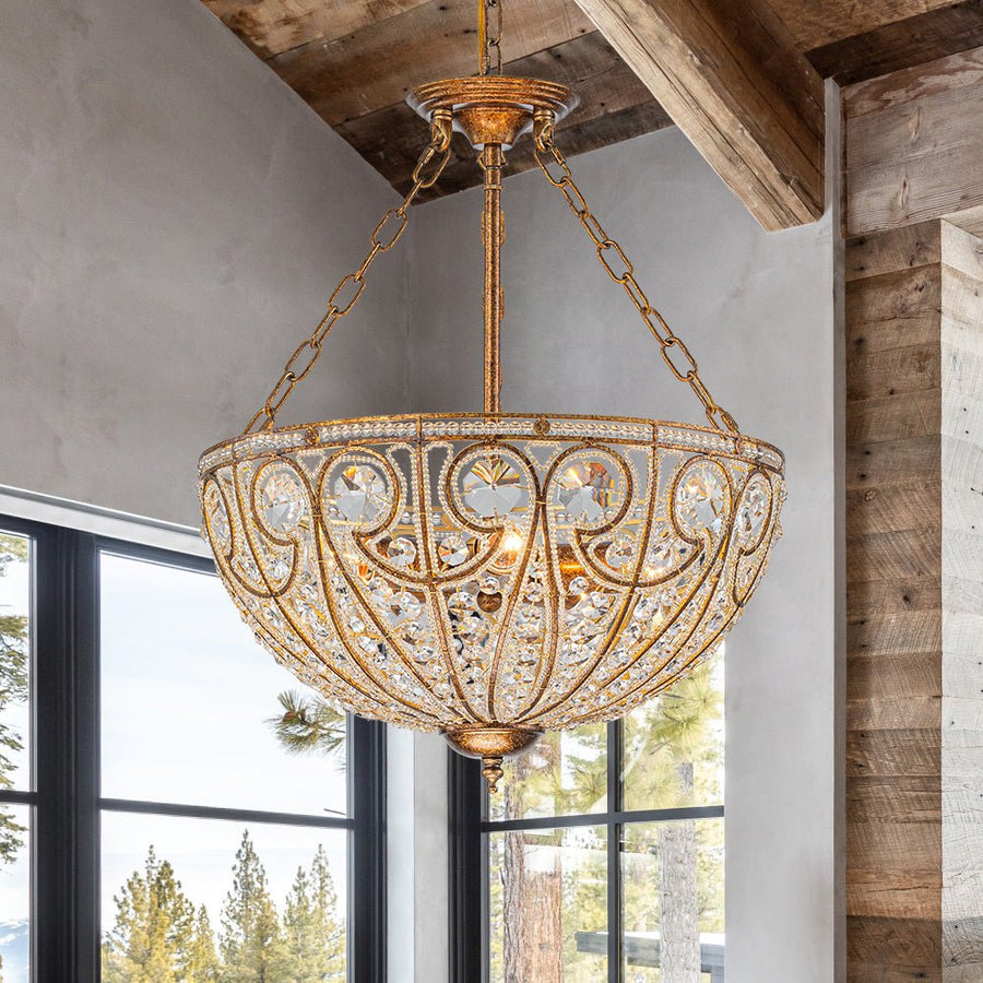Farmhouze Light - French Vintage Bronze Crystal Large Bowl Cage Chandelier - Ceiling Light - 23.6 in - 