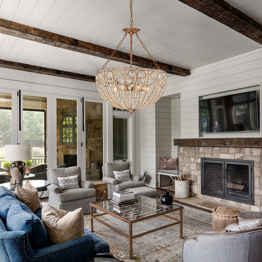 Farmhouze Light - French Vintage Bronze Crystal Large Bowl Cage Chandelier - Ceiling Light - 23.6 in - 