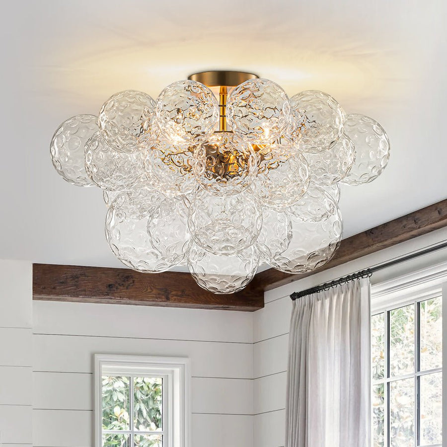 Farmhouze Light - Glam 3 - Light Water Glass Globe Bubble Flush Mount Chandelier - Chandelier - Brass - 