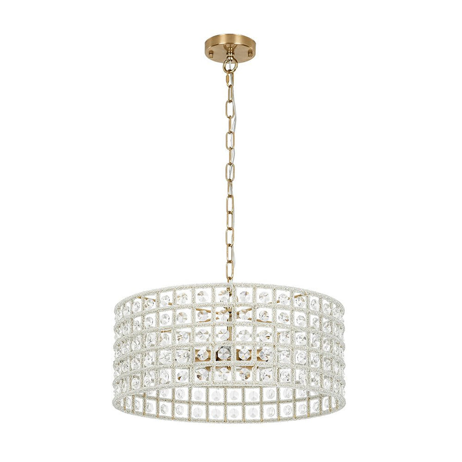 Farmhouze Light - Glam Crystal Accented Drum Lantern Pendant Light - Chandelier - Brass - 