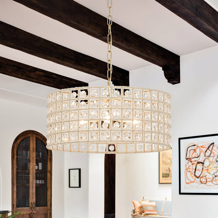 Farmhouze Light - Glam Crystal Accented Drum Lantern Pendant Light - Chandelier - Brass - 