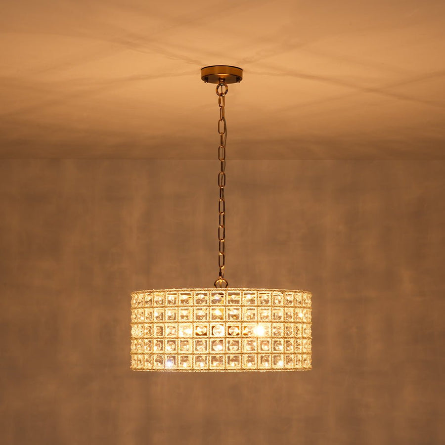 Farmhouze Light - Glam Crystal Accented Drum Lantern Pendant Light - Chandelier - Brass - 