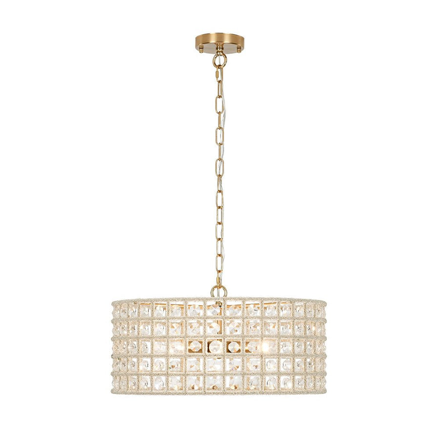 Farmhouze Light - Glam Crystal Accented Drum Lantern Pendant Light - Chandelier - Brass - 