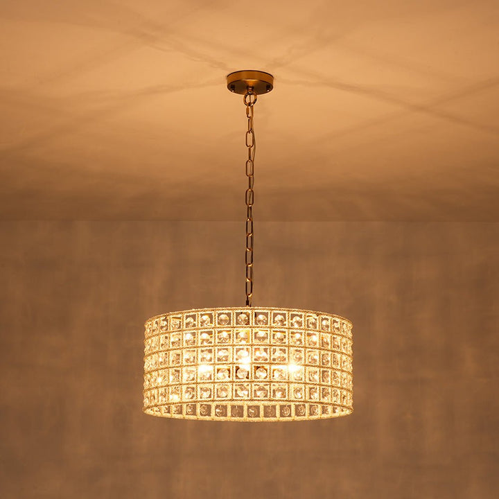Farmhouze Light - Glam Crystal Accented Drum Lantern Pendant Light - Chandelier - Brass - 